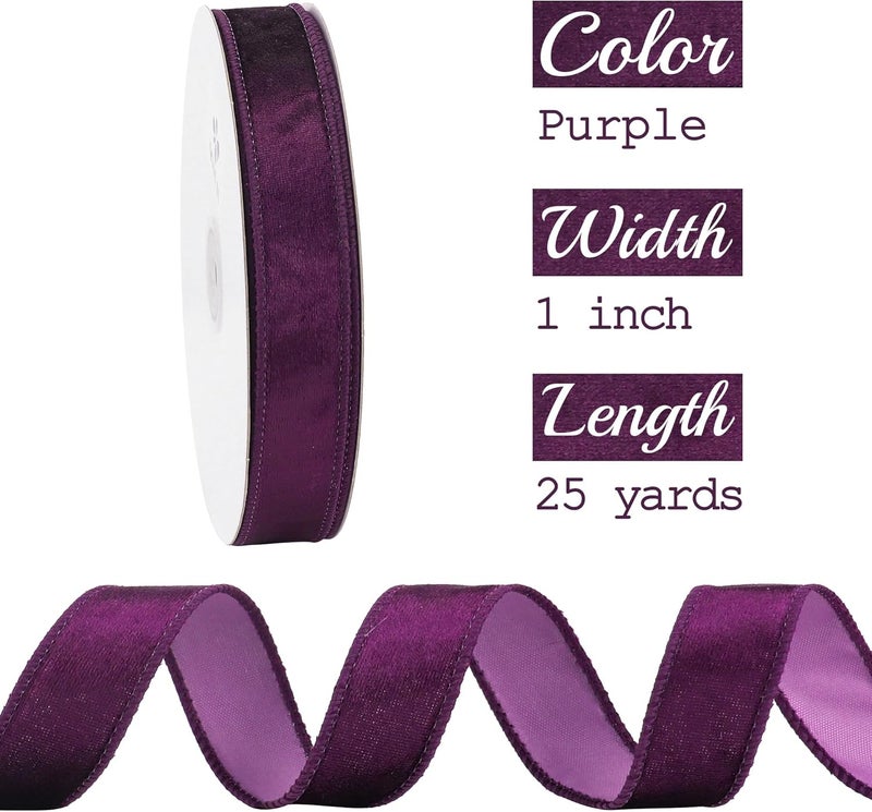 Meedee Purple Velvet Ribbon - 1 Inch Wired 25 Yards Crushed Velvet Halloween Wired Ribbon for Wreaths & Christmas Bows - Image 2